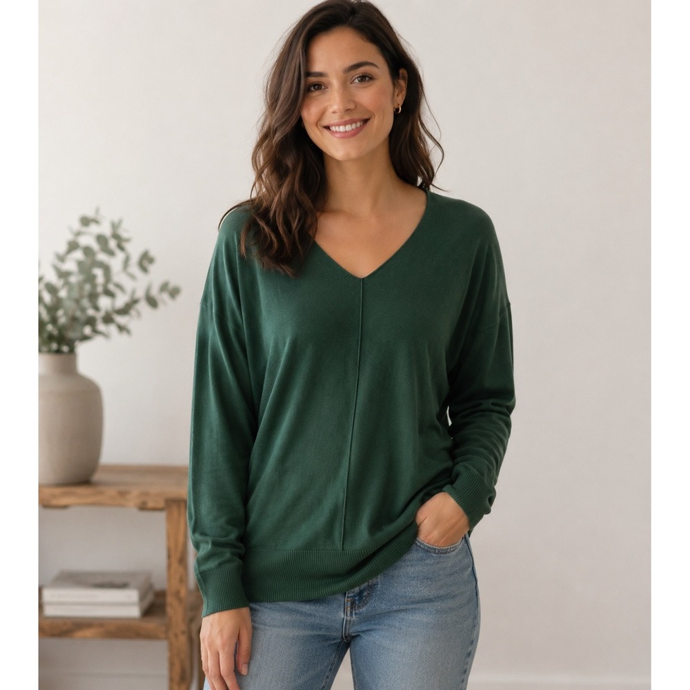 Jouica Womens XL Green V-Neck Long Sleeve High-Low Hem Seamed Front Sweater